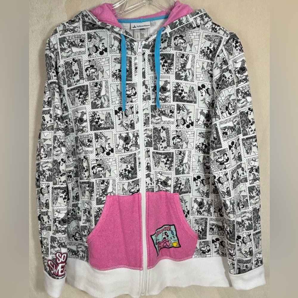 Disney Parks Mickey Mouse Black & White Comic Strip Print Zip Up Hoodie Womens L